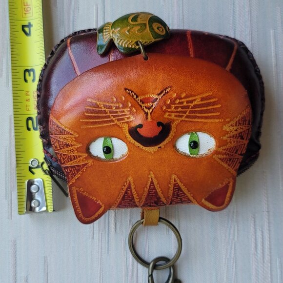 Leather Cat Kitty Face With Fish Charm Handcrafted Wristlet Coin Change Pouch - Picture 10 of 16